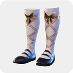 A pair of white knee-high boots with pink ribbon criss-cross lacing, gold bows, and black toes.