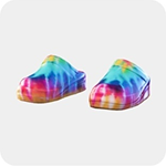 A pair of tie-dye platform clogs in pink, blue, yellow, and purple with a tan sole.