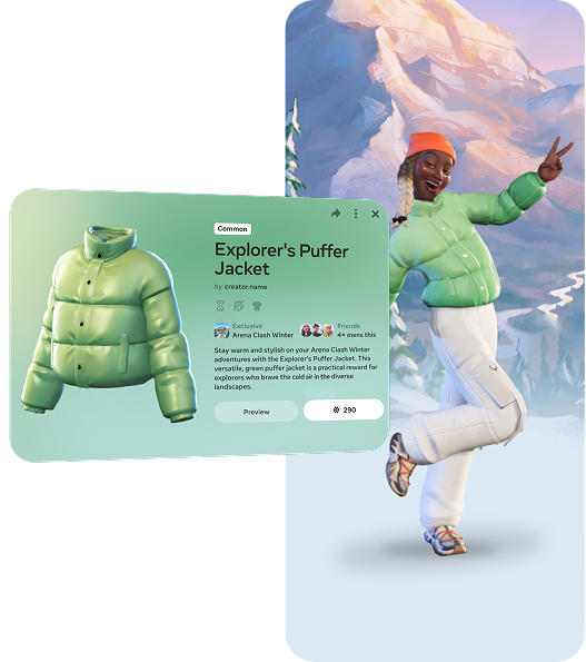 A green puffer jacket avatar item beside its product info card, with a smiling person in a green puffer jacket and white trousers posing in front of snowy mountains.