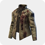 An olive-tan utility jacket with a dark collar, front buttons, and large pockets.