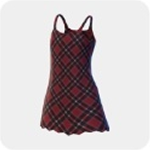 A red tartan plaid mini slip dress with thin straps and a flared skirt.