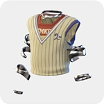 A cream sleeveless baseball jersey with navy pinstripes, a red neckline, and a blue number 2.