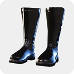 A pair of tall glossy black leather boots with a chunky sole and a pull-tab back tab.