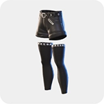 Black leather shorts with a buckled belt layered over black leg warmers.