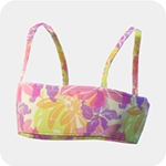 A floral bandeau top with thin straps and a pink, orange, and green tropical print.