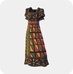 A colorful patterned long-sleeved mini dress with geometric red, green, and gold panels.