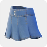 A blue denim mini skirt with visible topstitching, twin front buttons, and a flared hem.