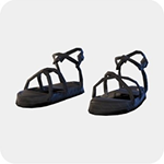 A pair of black strappy flat sandals with a caged front and an ankle buckle.