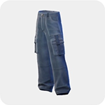 Blue denim cargo trousers with side pockets and a relaxed straight leg.