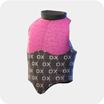 A two-tone top with a pink textured upper half and a black lower half printed with white DX lettering.