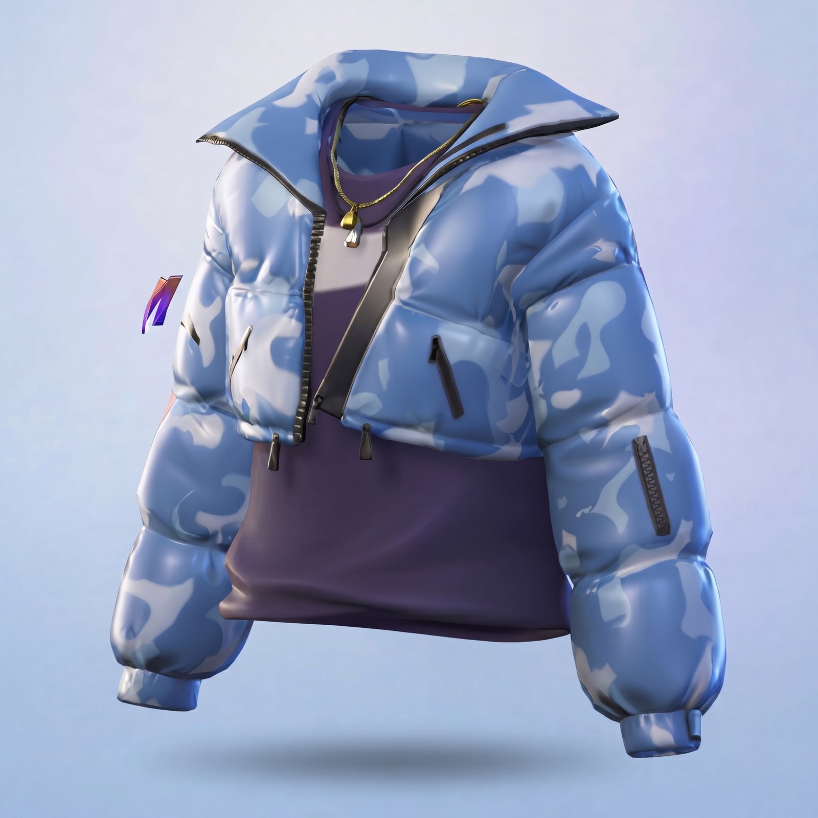 Blue camouflage layered puffer jacket