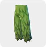 Green wide-leg trousers covered in overlapping leaf-shaped fabric layers.
