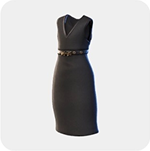 A black sleeveless V-neck dress with a slim decorative belt.