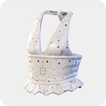 A white halter top with a ruffled hem and scattered brown gemstone embellishments.