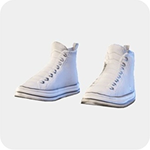 A pair of white high-top canvas sneakers with laces and a black platform sole.