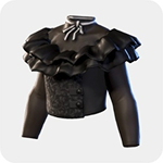 A black cropped jacket with a wide ruffled collar and a textured front panel.