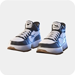 A pair of black and white mid-top sneakers with a padded ankle collar and gum soles.