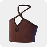 A brown ribbed one-shoulder crop top with a thin wrapped strap and a front loop detail.