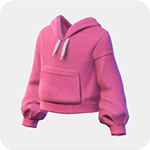 A pink cropped hoodie with a front kangaroo pocket and white drawstrings.