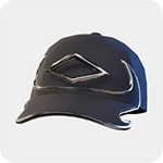 A black baseball cap with a metallic diamond-shaped emblem on the front panel.