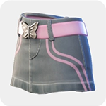 A gray denim mini skirt with pink contrast stitching, a pink waistband, and a butterfly belt buckle.