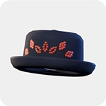 A navy fedora with a wide brim and a row of red flame motifs around the crown.