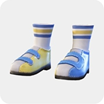 A pair of white kids boots with blue and yellow sock collars and two blue straps.