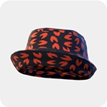 A navy bucket hat covered in a red flame print with a downturned brim.