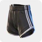 Black satin running shorts with a gathered waistband and double white side stripes.