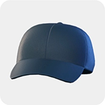 A navy blue baseball cap with a curved brim and a covered top button.