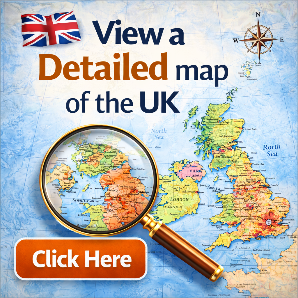 UK map showing detailed map of the United Kingdom with compass rose and magnifying glass - Click to view detailed map