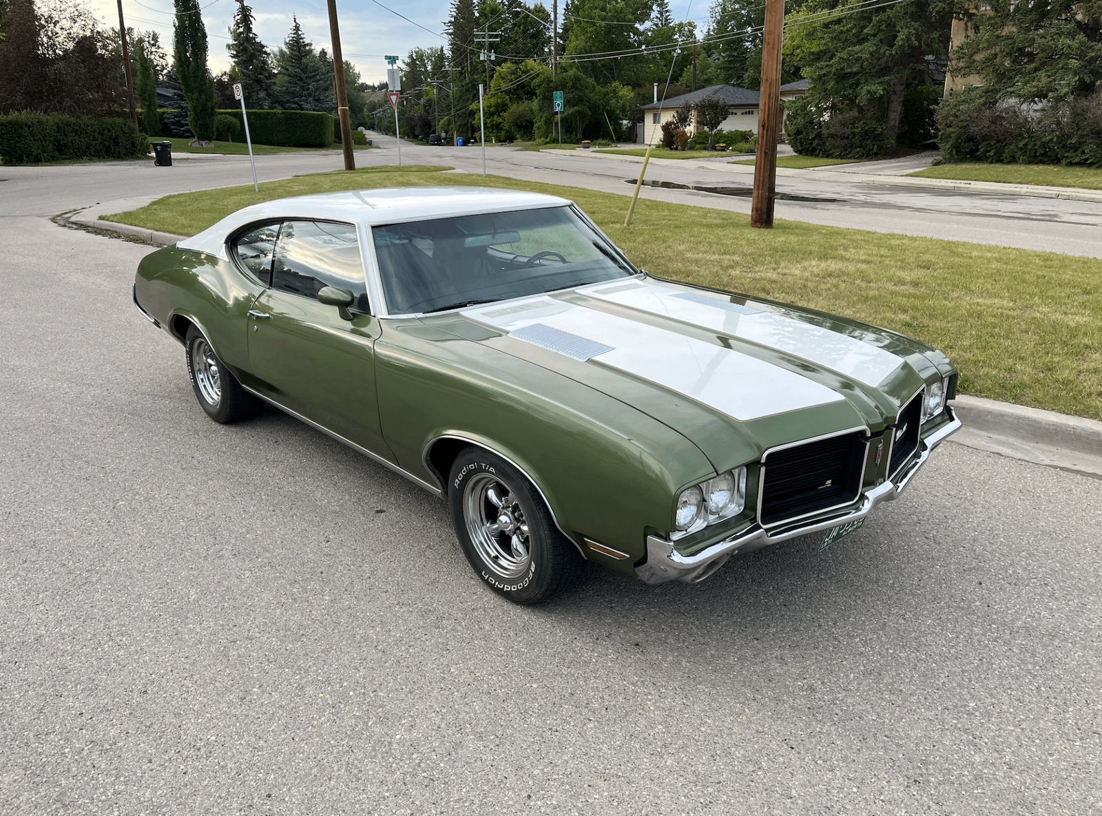 Olive green classic Oldsmobile Cutlass coupe with white dual hood stripes