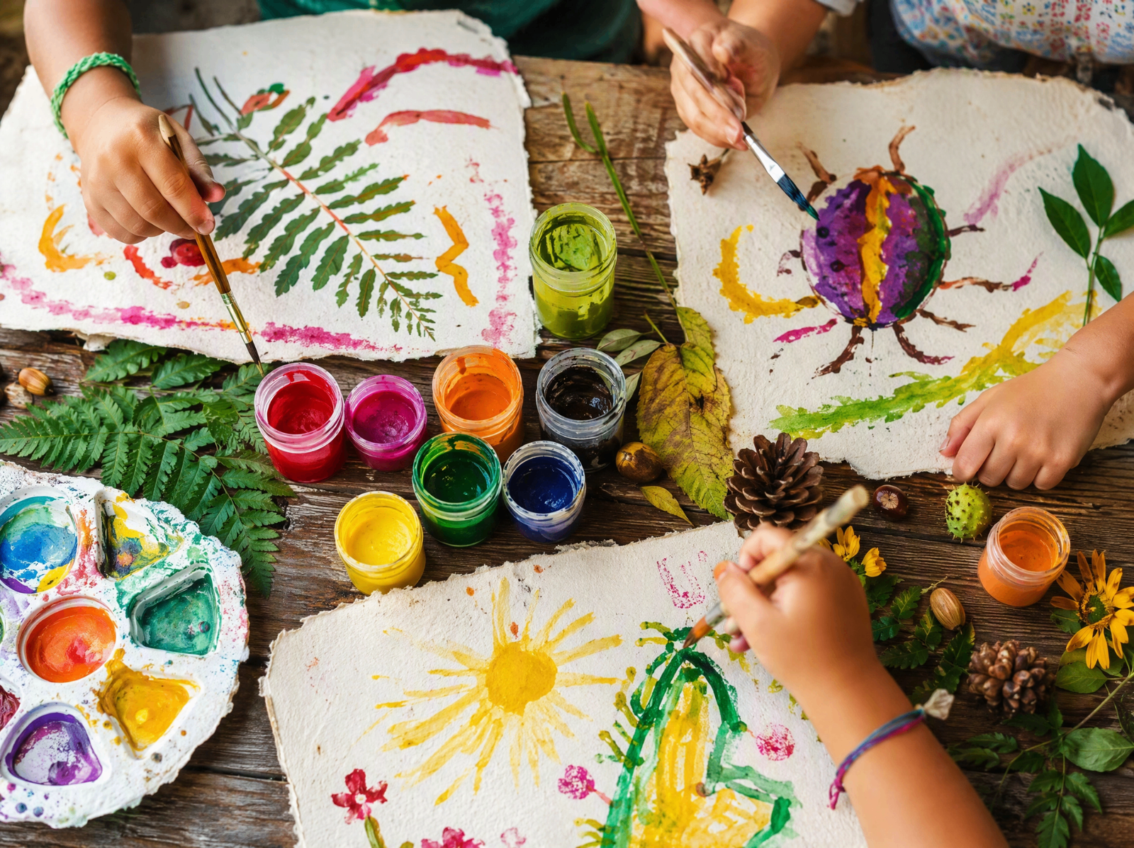Niños y facilitadores forman un círculo en la naturaleza