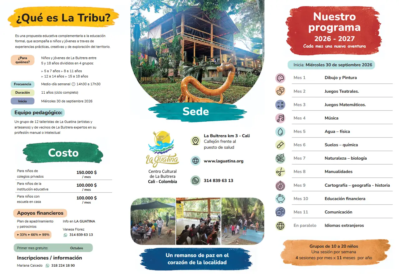Folleto La Tribu, cara interior: qué es el programa, sede en La Buitrera, costos mensuales, apoyos financieros y programa mensual 2026-2027