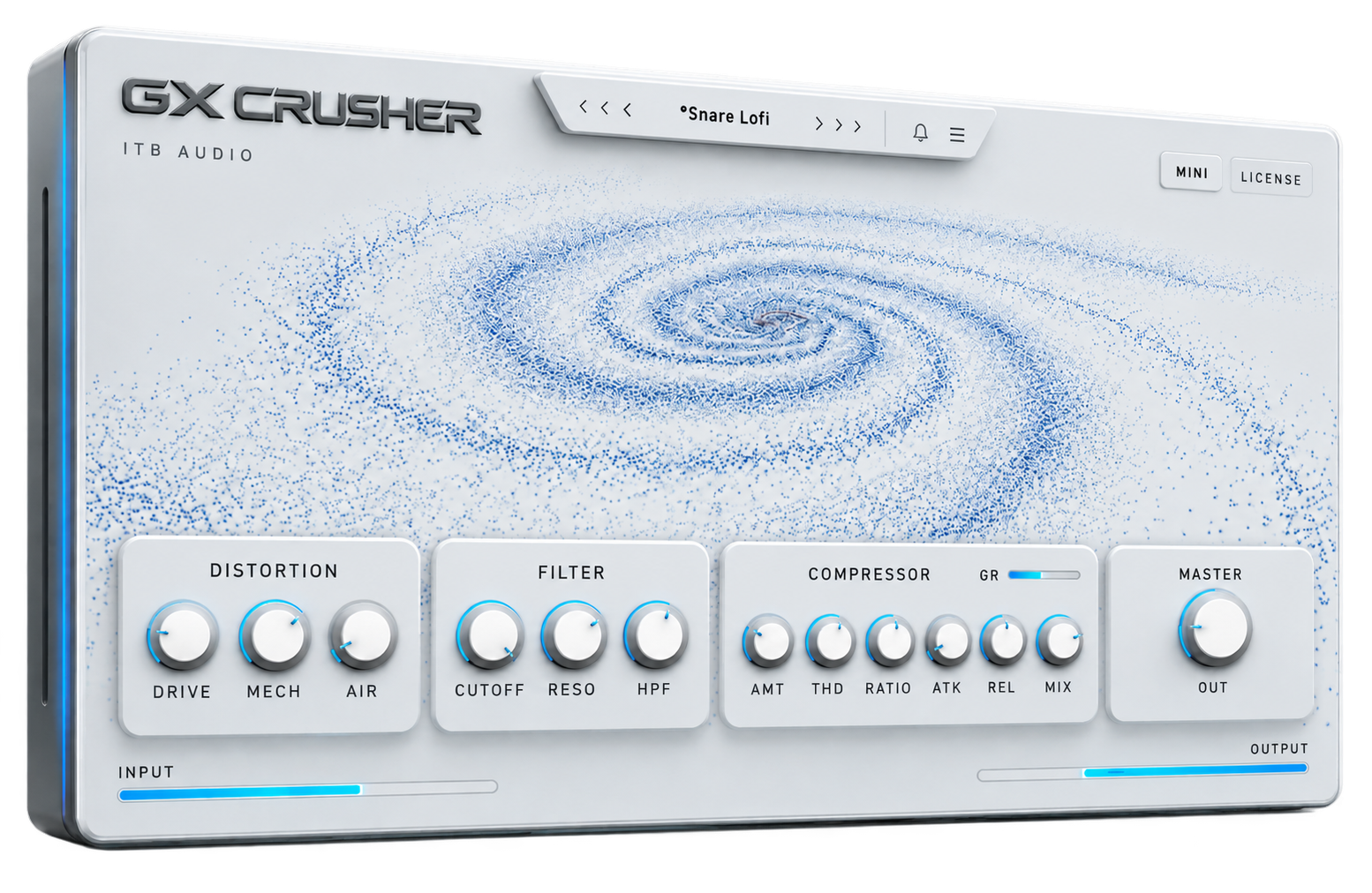 GX Crusher Full view plugin interface — Distortion, Filter, Compressor and Master sections with the real-time Cosmic Anomaly Visualizer and Input/Output metering