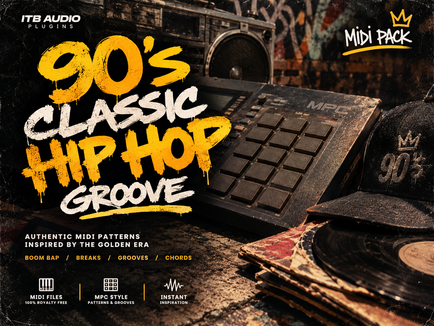 90’s Classic Hip Hop Sample Pack — 90s Hip-Hop · MIDI Pack cover artwork for this MIDI and sample pack by ITB Audio, capturing the classic SP-1200 and MPC 60 12-bit hip-hop character