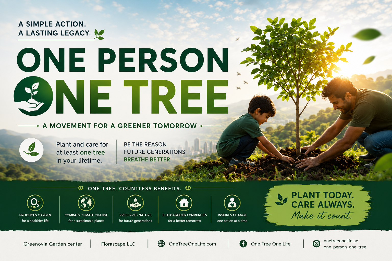 People planting a tree with mountains and greenery
