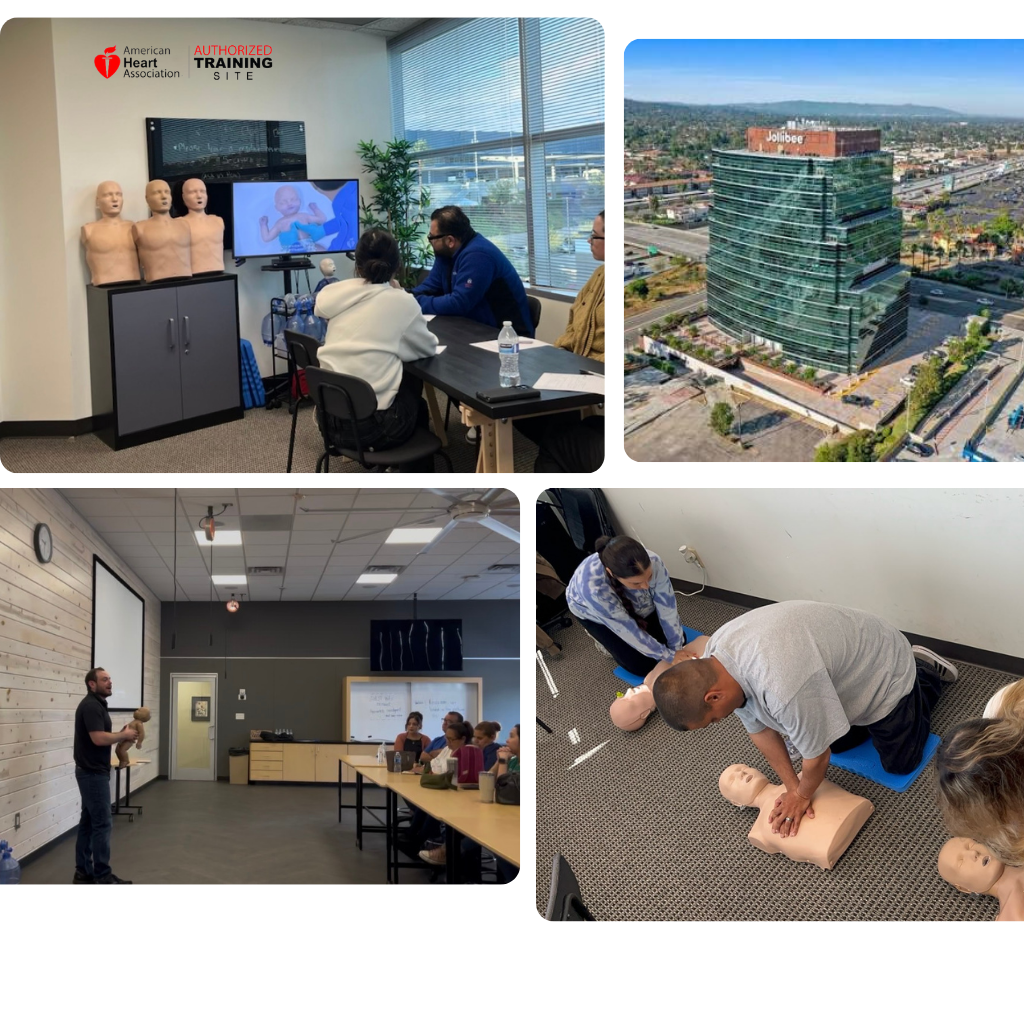 AHA BLS certification classroom in West Covina — AHA authorized training site signage, building exterior, instructor teaching, and hands-on CPR practice on mannequins