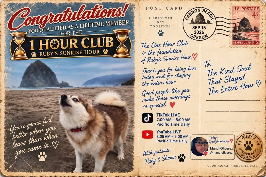 Ruby the Pomsky One Hour Club lifetime member congratulatory postcard from Cannon Beach, Oregon