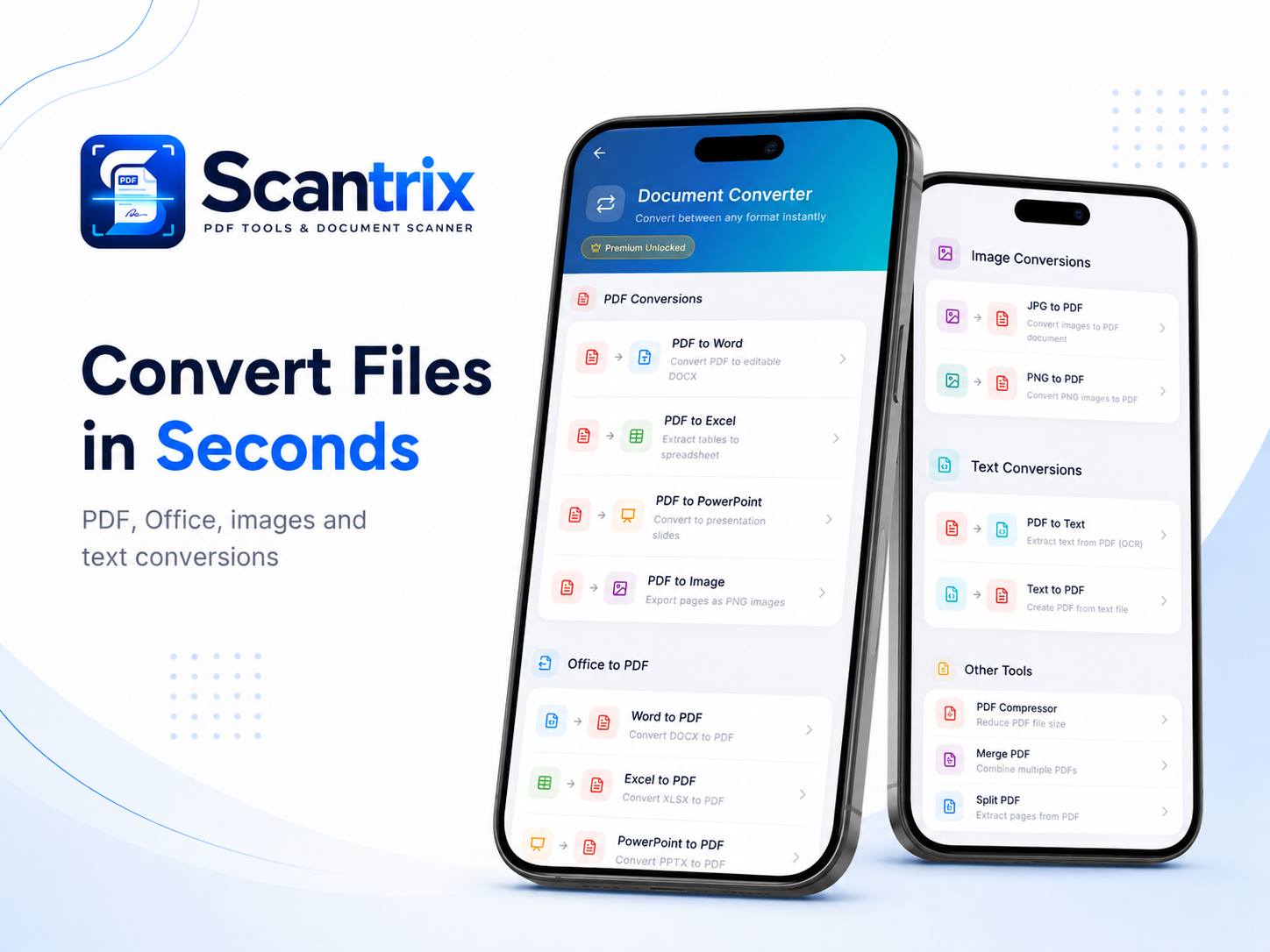 Scantrix conversion tools including PDF to Text OCR on Android