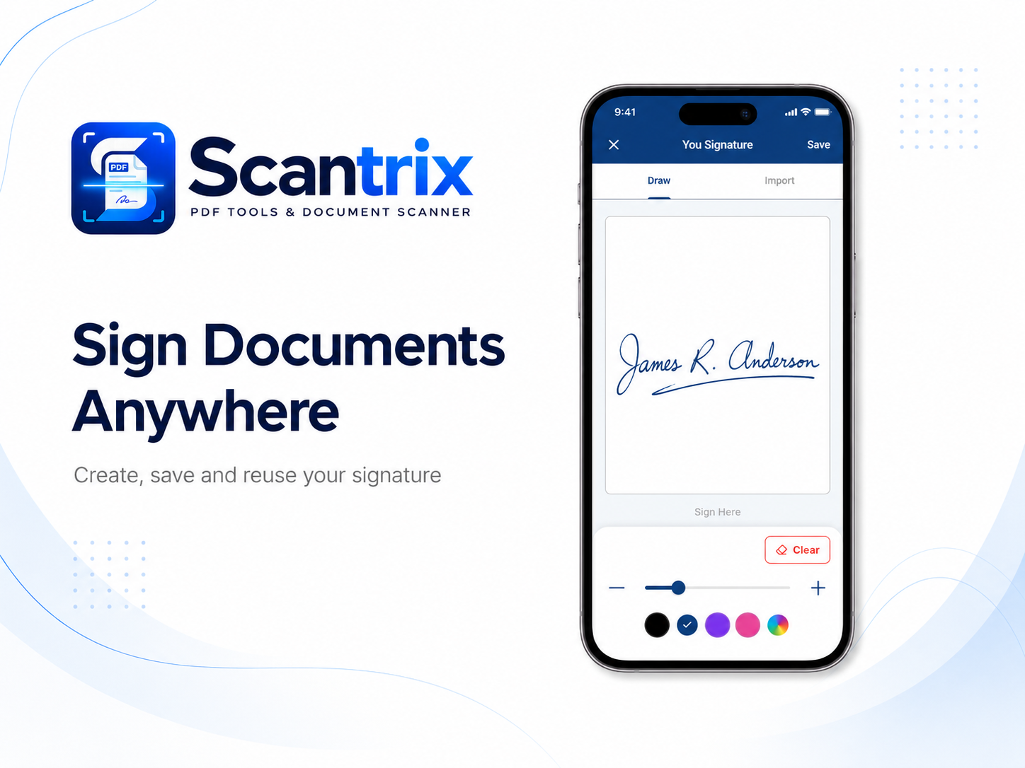 Scantrix You Signature screen with Draw and Import tabs for signing PDF documents on Android