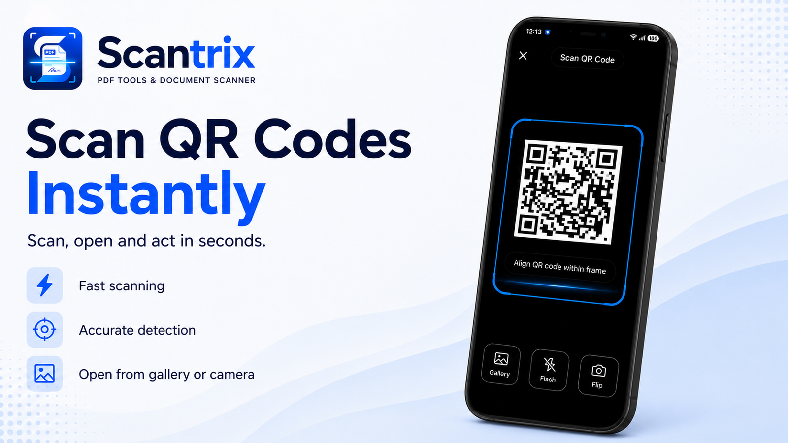 Scantrix QR code scanner with frame alignment, gallery, flash and flip controls