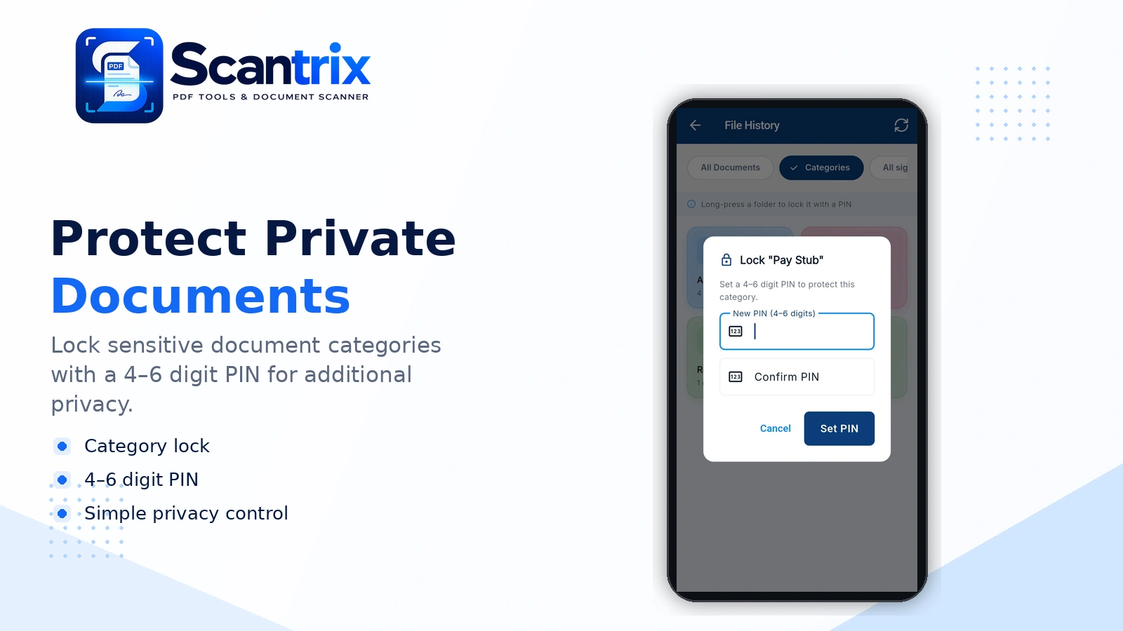 Scantrix File History Categories screen with Lock Pay Stub PIN dialog