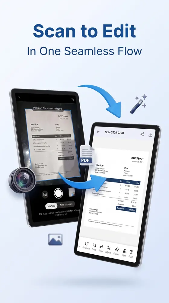 Scantrix document scanner capturing a paper document and saving it as a PDF on Android