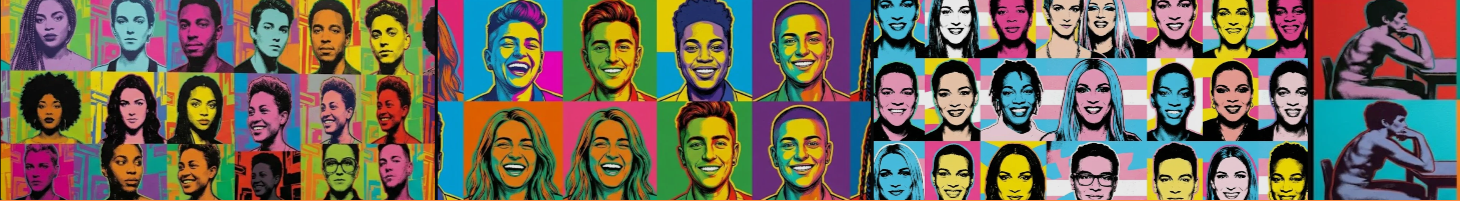 Vibrant pop art style image with colorful portraits of diverse people