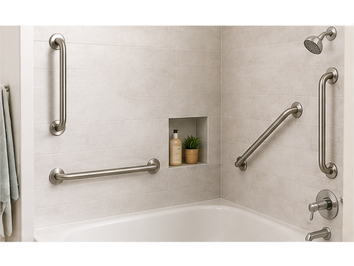 Wall-mounted grab bars installed securely in a modern shower and tub area