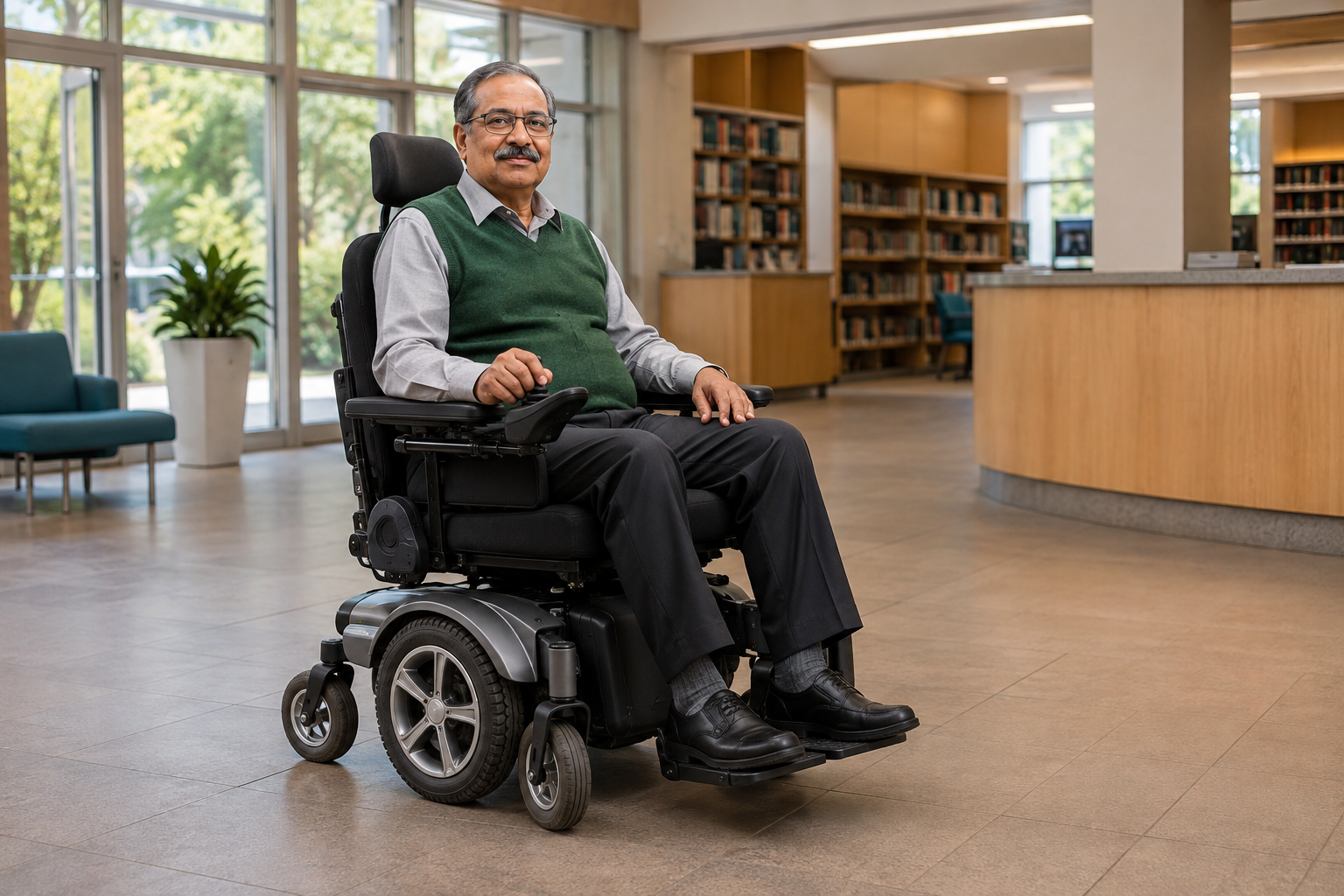 Older man operating a power wheelchair with a joystick in a library