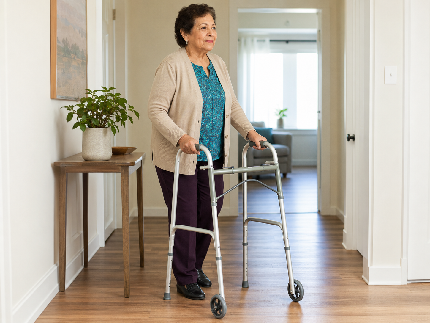 Older Latina woman using a silver two-wheel walker in an accessible home hallway