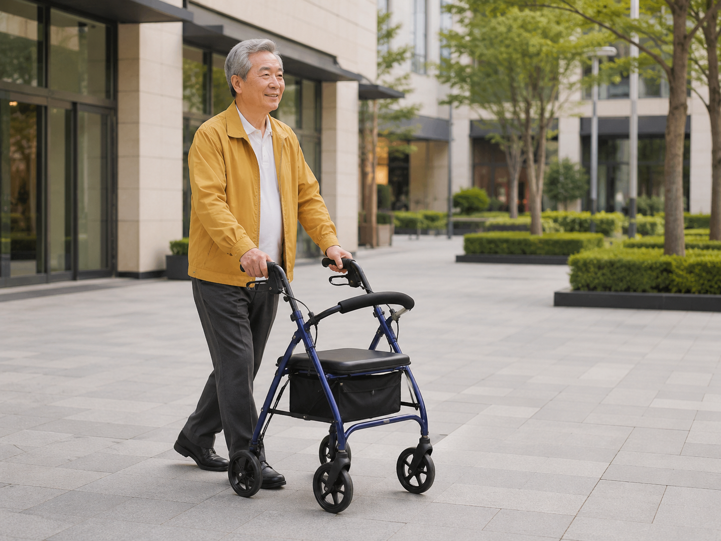 Older Korean man using a blue four-wheel rollator in an outdoor shopping plaza