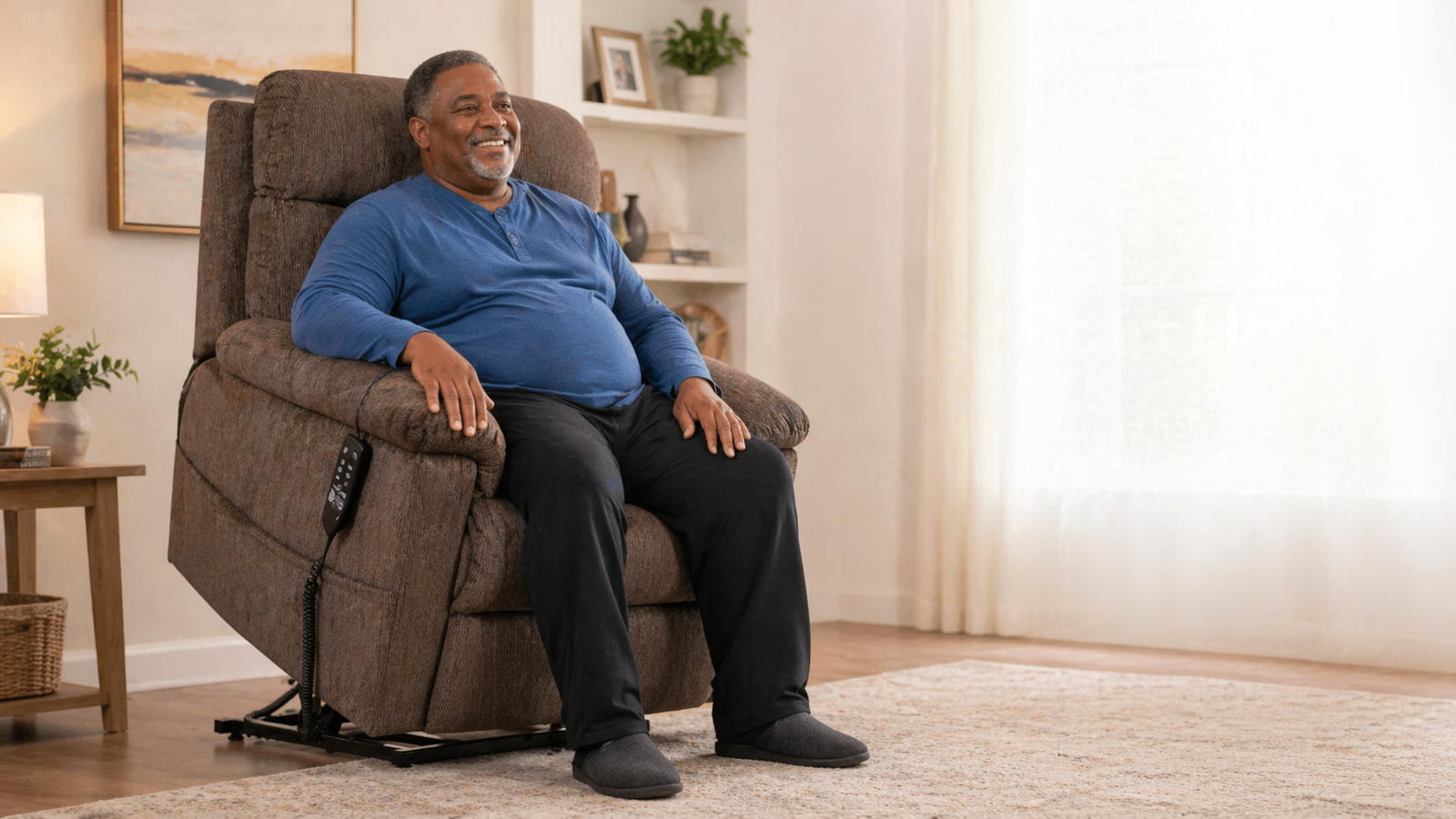 Larger man comfortably seated in a sturdy brown heavy-duty power lift recliner